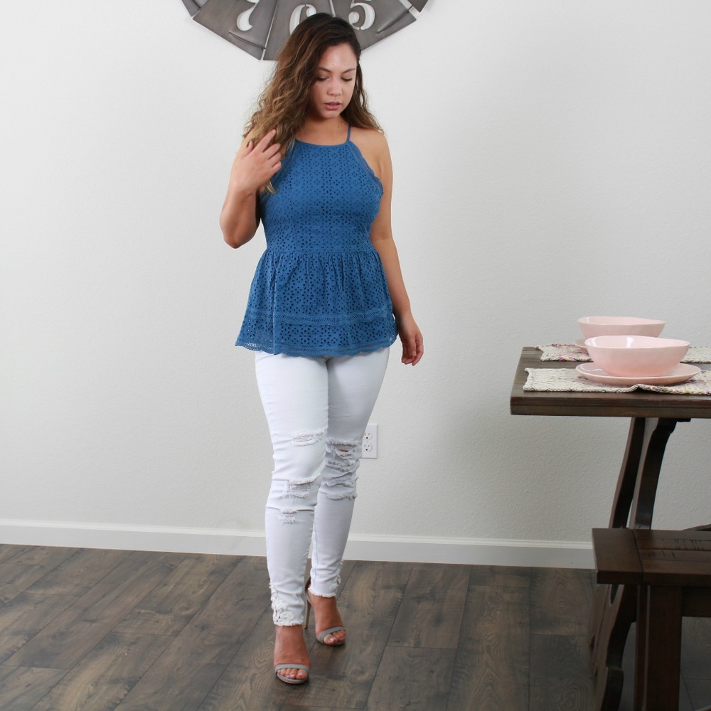 White Distressed Crochet Trim Jeans - Picture 2 of 7